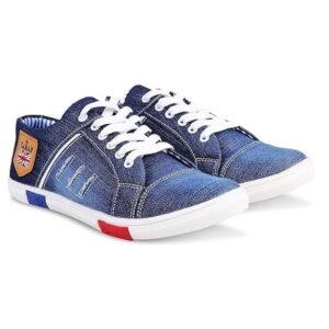 About this item Stylish Denim Look – Classic blue denim upper with modern detailing gives a smart casual vibe perfect for men and boys. Lightweight & Breathable – Crafted for daily comfort with a breathable fabric lining and lightweight construction for effortless movement. Durable Lace-Up Closure – Strong laces and secure eyelets provide a snug fit and lasting wear ideal for walking school or daily use. Versatile Everyday Sneakers – Great for travel college casual hangouts or errands – pairs well with jeans joggers or shorts. Tough Yet Comfortable Sole – Anti-slip wear-resistant sole offers great grip and foot support for extended wear throughout the day.